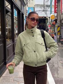 Women's Solid Color Lined Funnel Neck Button Casual Elegant Fashion Commute Street Style Autumn/Winter Jacket - Green - View 4