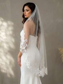 1pc Lace Floral Trim Fingertip Length Bridal Veil, White Soft Tulle With Hair Comb, Wedding Pre-Wedding Party Registration Ceremony Bridal Accessory - Multicolor - View 6