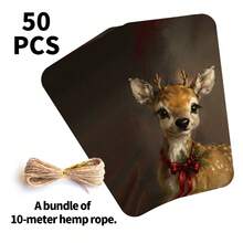 50pcs Vintage Christmas Reindeer Gift Tags With Jute Rope - Holiday Deer Pattern Paper Party Favor Hanging Tags, Suitable For Gifts, Gift Wrapping And Party Decoration, Christmas Gift Wrapping Supplies - A - View 7