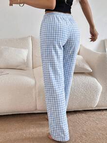 1pc Women's Dual-Color Plaid Print Soft Comfortable Flannel Thermal Lined Pajama Pants, Autumn/Winter - Blue - View 2