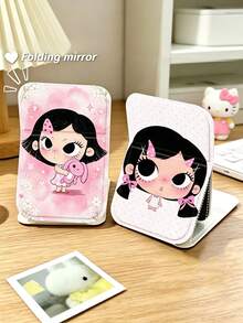 1 Peça Espelho de Maquiagem Dobrável com Padrão de Personagem de Desenho Animado Fofo, Espelho Flip com Altura Ajustável, Espelho de Alta Definição, Espelho de Mão Portátil de Bolso para Viagem, Presente de Aniversário para Meninas, Presente de Feriado - Multicolorido - Visão 4