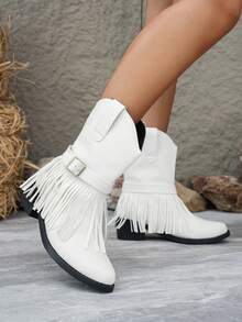 Women's Buckle Design Tassel Decor Pointed Toe Chunky Heel Western Boots Autumn/Winter New White Faux Leather Ankle Boots - White - View 3