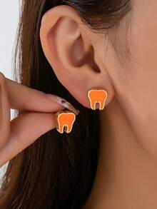 1 Pair Fashionable Exquisite Small Elegant Versatile Gold-Plated Orange Oil-Drip Cute Tiny Tooth Stud Earrings, Suitable For Women - Orange - View 1