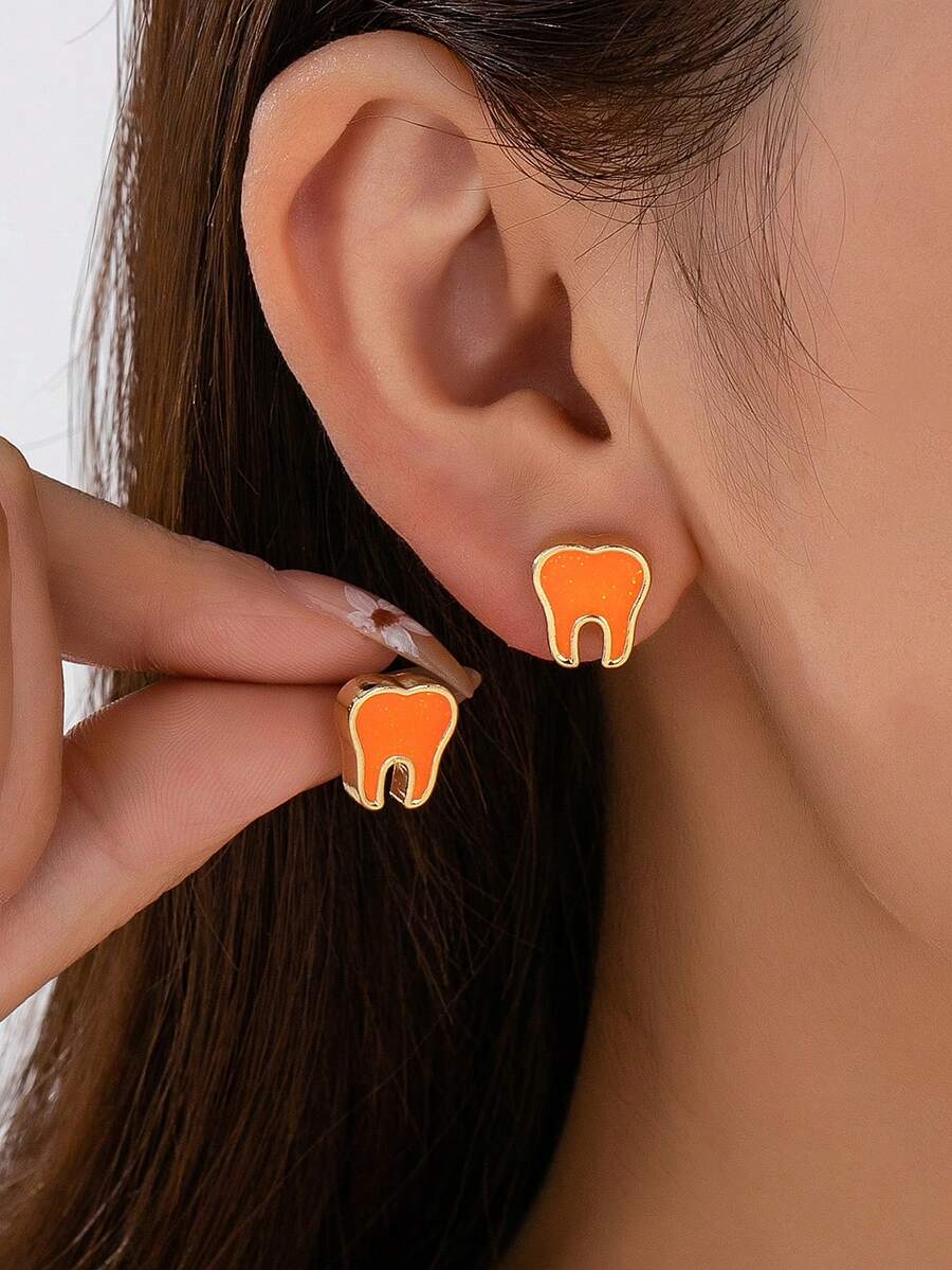 1 Pair Fashionable Exquisite Small Elegant Versatile Gold-Plated Orange Oil-Drip Cute Tiny Tooth Stud Earrings, Suitable For Women - Orange - View 1