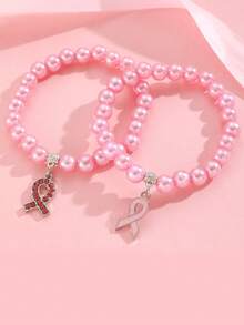 2 piezas/Set Pulsera de cuentas rosa con colgante de cinta rosa para concientización del cáncer de mama, accesorio para niños - Rosa - Ver 2