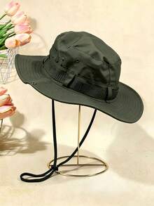 1pc New Solid Color Outdoor Hat, Wide Brim Sun Hat With Drawstring, Suitable For Casual, Hiking, Fishing, Camping, Cycling, Mountaineering, Sun Protection, Windproof, Unisex Bucket Hat - Dark Green - View 4