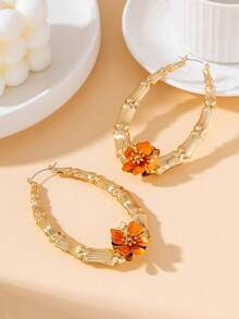 1 Paar elegante Damen-Creolen im Boho-Stil für den Sommerurlaub, oval, mit Bambusknoten, Emaille, handgefertigt, Tropfenöl-Optik, orangefarbene Blume - Orange - Übersicht 4
