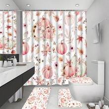 1/4pcs Thanksgiving Autumn Harvest Pink Maple Leaf Pumpkin Shower Curtain Set, With 12 Hooks Waterproof Polyester Shower Curtain, Bathroom Curtain, Privacy, Thickened, Durable Quick Dry - A - View 19