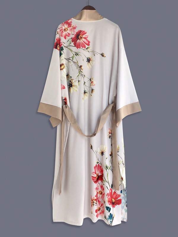 Boho minimalistyczna cienka narzutka kimono w drobne kwiaty, średnia długość, damska, wakacyjna, elegancka na imprezę, wiosna/jesień, casualowa na ulicę