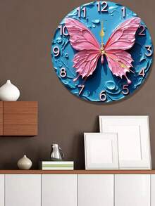 2D flache Wanduhr, rosa Schmetterlingsmuster-Themendesign, eine leise Holzwanduhr, geeignet für Wohnzimmer, Schlafzimmer, Bürodekoration, moderner Stil Wanduhr, Batterie nicht enthalten, 2D flach - Verschiedenfarbig - Übersicht 5