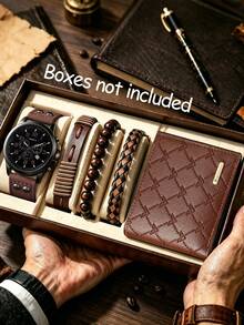 1/2/5pcs Men's Quartz Watch Set With PU Leather Strap And Brown Series Accessories, Casual Minimalist Style, Suitable For Daily Commute, Excellent Gift - Mouldless - View 8