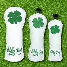 Lucky Four-Leaf Clover Embroidered Golf Club Head Cover, Embroidered Golf Protector/Thick Padded/Universal Standard Size/Adjustable, Golf Accessories - White - View 1
