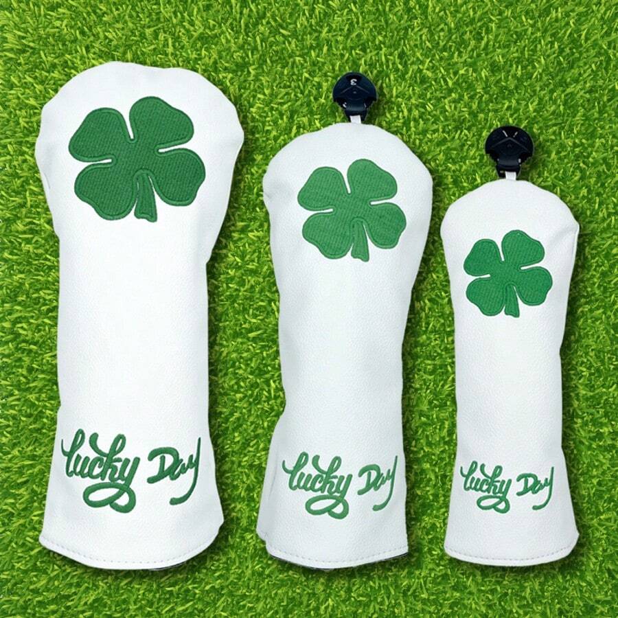 Lucky Four-Leaf Clover Embroidered Golf Club Head Cover, Embroidered Golf Protector/Thick Padded/Universal Standard Size/Adjustable, Golf Accessories - White - View 1