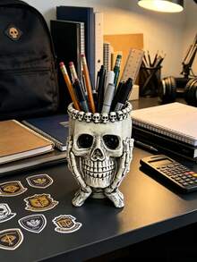 1pc Gothic Skull Makeup Brush Holder Resin Skeleton Cosmetic Storage Rack Dark Romantic Vanity Organizer Witchy Bedroom Halloween Home Decor Unique Gothic Style Gift For Women - C - View 5