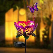 Purple Tulip Solar Ground Light, Metal Flower Cracked Glass Solar Pathway Light, Waterproof Garden Lawn Decorative Landscape Light With Butterfly - 紫色花朵地插 - 查看 1