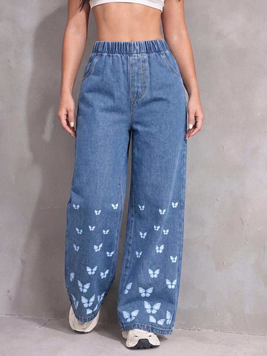 Jeans rectos de pierna media azul de estilo soñador con mariposas para niñas preadolescentes - Azul lavado medio - Ver 1