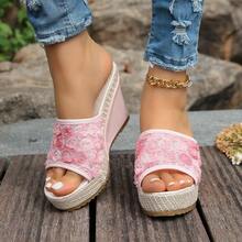 Women's Summer New Slip-On Wedge Platform Sandals, Thick Sole Mesh Floral Fabric, Lightweight Non-Slip High Heel Slouchy Slides - Pink - View 9