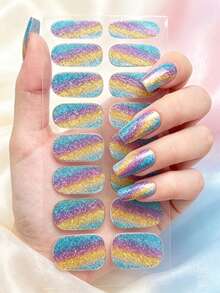 1pc Gradient Cat Eye Glitter Nail Stickers, Waterproof Self-Adhesive Y2K Luxury Versatile Wear-Resistant Full Nail Decals - 彩色 - 查看 8