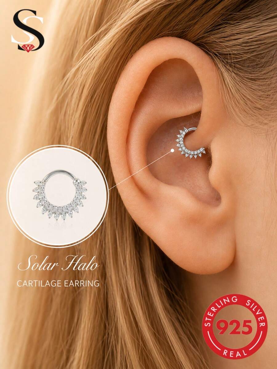 1pc S925 Sterling Silver Cubic Zirconia Ear Cuff Earring & Nose Ring, Fashion Jewelry For Women