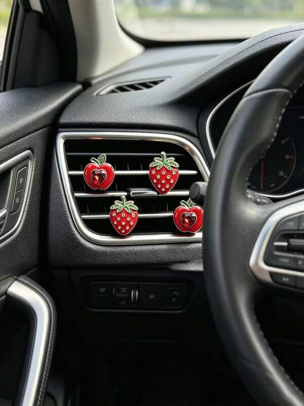Sweet Rhinestone Strawberry Apple Car Air Vent Clip, Cute Fruit Car Interior Decoration, Girly Red Fruit Car Air Vent Clip, Enamel Rhinestone Design, Sweet Style Car Interior Decor