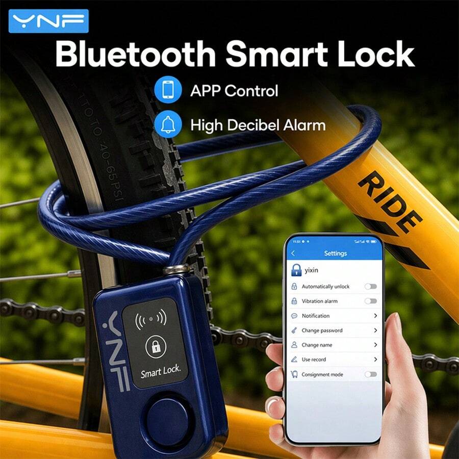 YNF 智能藍牙鋼纜鎖 110dB 警報防盜 一鍵手機解鎖 電動單車防盜鎖 不含電池