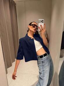女款標準版短版西裝外套，短袖商務西裝夾克，適合春夏畢業季 - 藏青 - 查看 4