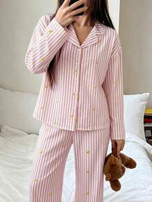 Nina Bonheur 2pcs Women Loose Comfortable Breathable Long Sleeve Top And Long Pants Pajama Set - Pink - View 5