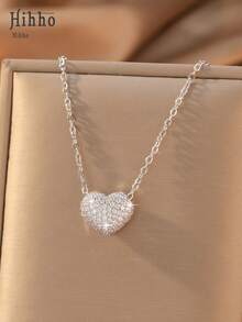 Hihho 1pc Heart-Shaped Necklace With Zirconia Inlay, Valentine's Day, Mom, Mother, Mother's Day, Halloween Gift - Love - View 5