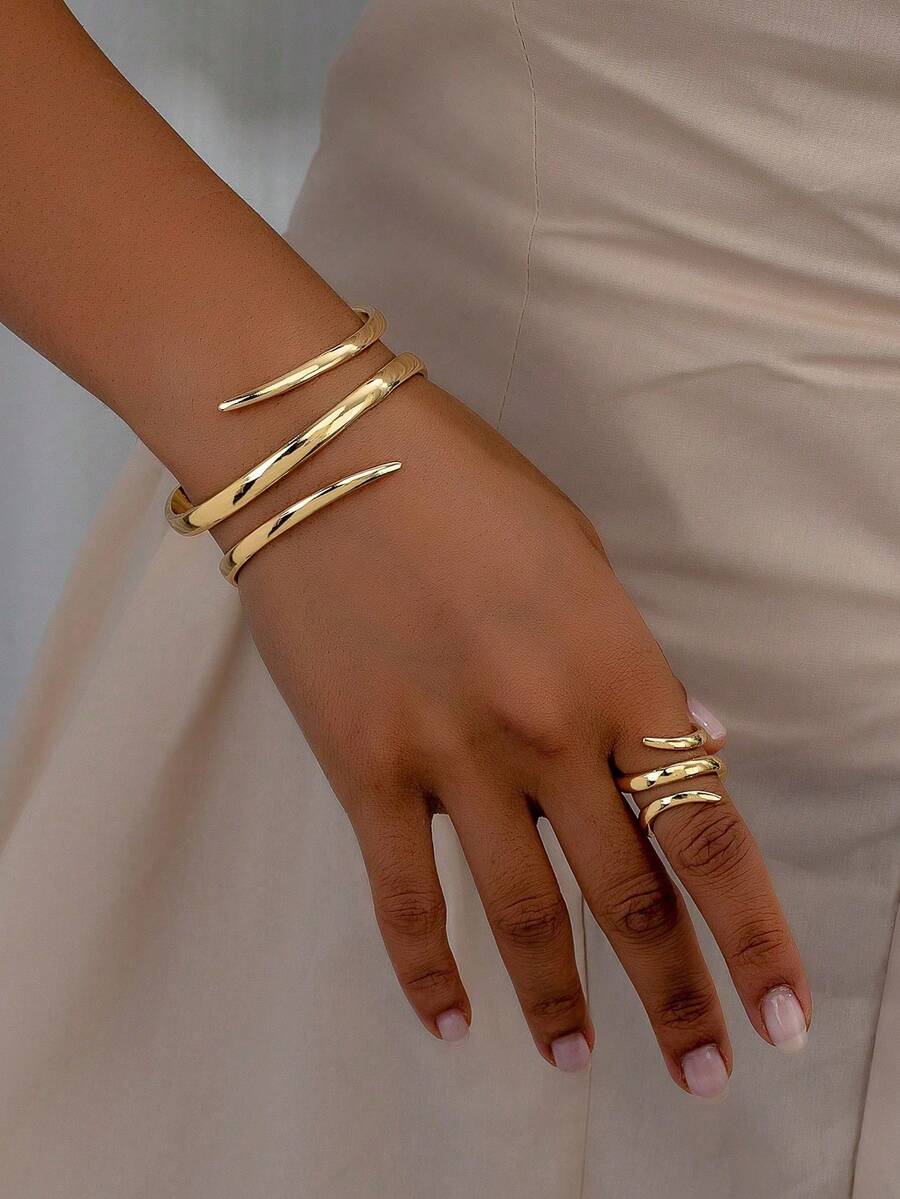 1 Set (1 pieza Brazalete de línea geométrica dorada y 1 pieza Anillo grueso de línea geométrica) - Dorado - Ver 1