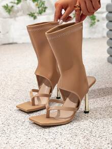 Nude Faux Leather Thong Strap Mid-Calf Boot Sandals, Metallic Stiletto Heel Square Open Toe Women Fashion Heels - Brown - View 7