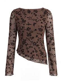 Women's Knitted Printed Long Sleeve Top - Brown - View 9