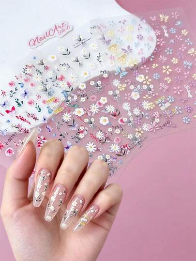 2pcs 5D Embossed Relief Nail Stickers,Nails,DIY Decoration, Featuring White Daisies, Rose Petals, Macaron Colored Flowers, And Butterfly Patterns, Suitable For Creating Y2K, Forest Style, And French Rose Nail Art
