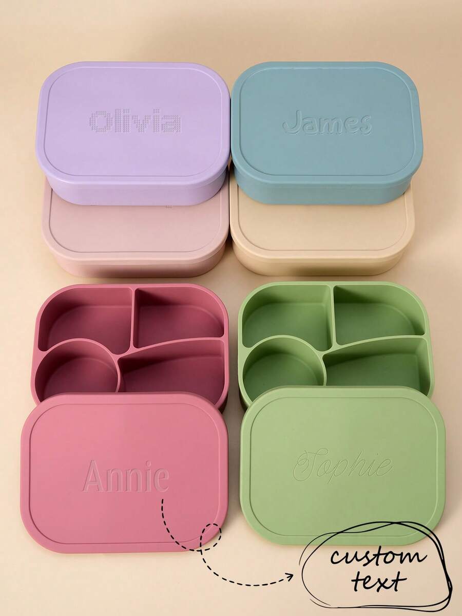 1pc Personalized Custom Name Kids Silicone Bento Box, 4 Compartments Leak-Proof Lunch Box, Food Storage Container, Unisex For Boys And Girls, Back To School Supplies - Multicolor - View 1