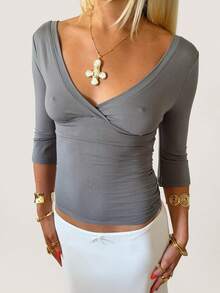 Womens Surplice Wrap Deep V 3/4 Sleeve Crop Top, Side Ruched Stretch Slim Y2K Layering Going Out Blouse - Ash - View 4