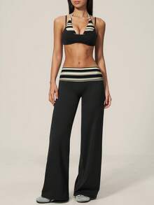 TimeOff Women's One Set Striped Spaghetti Strap Double Strap Bra With Folded Double Waist Wide Leg Pants Sports Set - Black - View 6