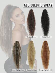 7JHH WIGS 34英吋超長深波浪馬尾接髮－暖金色挑染抓夾式馬尾接髮，蓬鬆自然感合成髮片，適合女性日常配戴、派對使用與萬聖節 - 銅色 - 查看 7