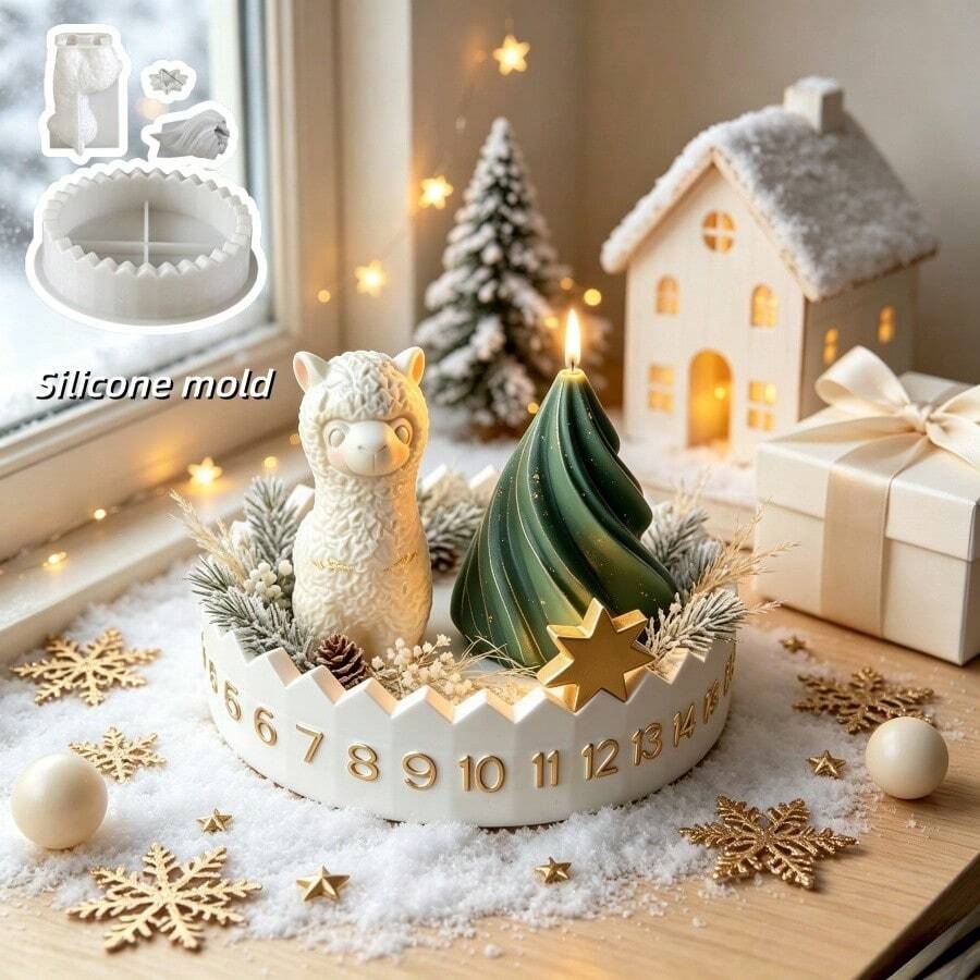 4pcs DIY Clay Molds Set, Alpaca Christmas Tree Number Round Disc Calendar Silicone Mold Set, Resin Silicone, Home Decor, Handicrafts, Plaster Cement Molds, Reusable, Easy To Demold, Holiday, Birthday Gifts. Casting Silicone Molds. - Silicone Mold - View 1