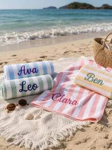 個性化海灘毛巾，客製化刺繡條紋毛巾，送給好友的完美旅行禮物，珊瑚色刺繡姓名海灘毛巾 - 彩色 - 查看 6