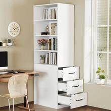 =N880P3183334W 180cmhohes, Extra Narrow Bookcase With Side Drawers - Adjustable Shelves, Interchangeable Left And Right, Suitable For Small Spaces - Bookcase, Living Room - Tall Cabinet - White - View 3
