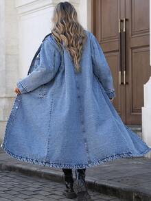 Mobula Sound# Plus Size Women's Spring/Summer Versatile Fashion Denim Jacket With Front Buttons, Long Length, Suitable For Daily, Holiday, Airport Wear - Blue - View 5