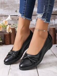 Sepatu hak rendah wanita model slip-on ujung bulat terbaru untuk musim semi/gugur, dengan hiasan pita dan rhinestones, hak rendah, bagian depan rendah, kasual, cocok untuk berjalan, bepergian, dan serbaguna. - Hitam - View 3