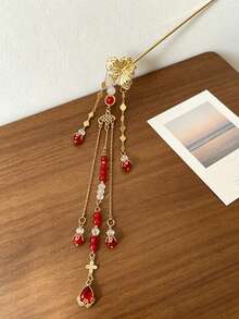 1pc Gold Butterfly Red Bead Tassel Hair Stick, Bridal Bun Hair Accessory For Wedding, Banquet, Party - Multicolor - View 3