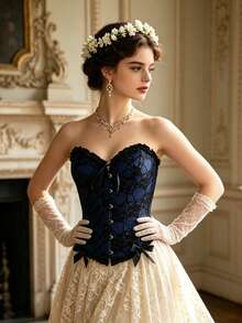 Black Navy Floral Lace Bandeau Corset Top, Summer Versatile Layering Piece, Suitable For Casual Streetwear - Blue - View 8