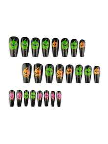 24PCS Halloween Long Ballet Nails, Glow-In-The-Dark Pumpkin, Ghost, Demon, Bat, Alien, Mummy, Spider, Skull Press-On Fingernails Set With Nail File And Jelly Glue, Suitable For Women And Girls, Y905 Multi-Color Pumpkin - Multicolor - View 2