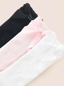 3雙女孩幼兒棉製蝴蝶結純色高筒襪 校園風 - 彩色 - 查看 5