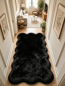 1pc Black Wavy Edge Asymmetrical Area Rug, Decorative Carpet, Floor Mat, Living Room Rug, Bedroom Rug, Universal Carpet - Black - View 3