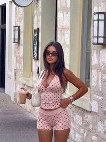 Polka Dot Print Deep V-Neck Patchwork Halter Neck Fitted Tank Top And Shorts 2 Pieces Set Pink Elegant - Pink - View 3