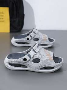 Men's New All-Season Retro Graffiti Print Hollow Breathable Cut-Out Design Casual Open-Toe Walking Sandals Suitable For Beach Sand City Daily Commute Gym Pool Adjustable Buckle Strap Slide Slippers - Light Grey - View 8