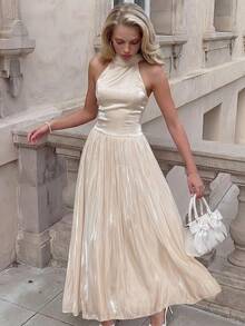 Elegant Women's Satin Spaghetti Strap Pleated Long Formal Dress Party Wedding - Apricot - View 9