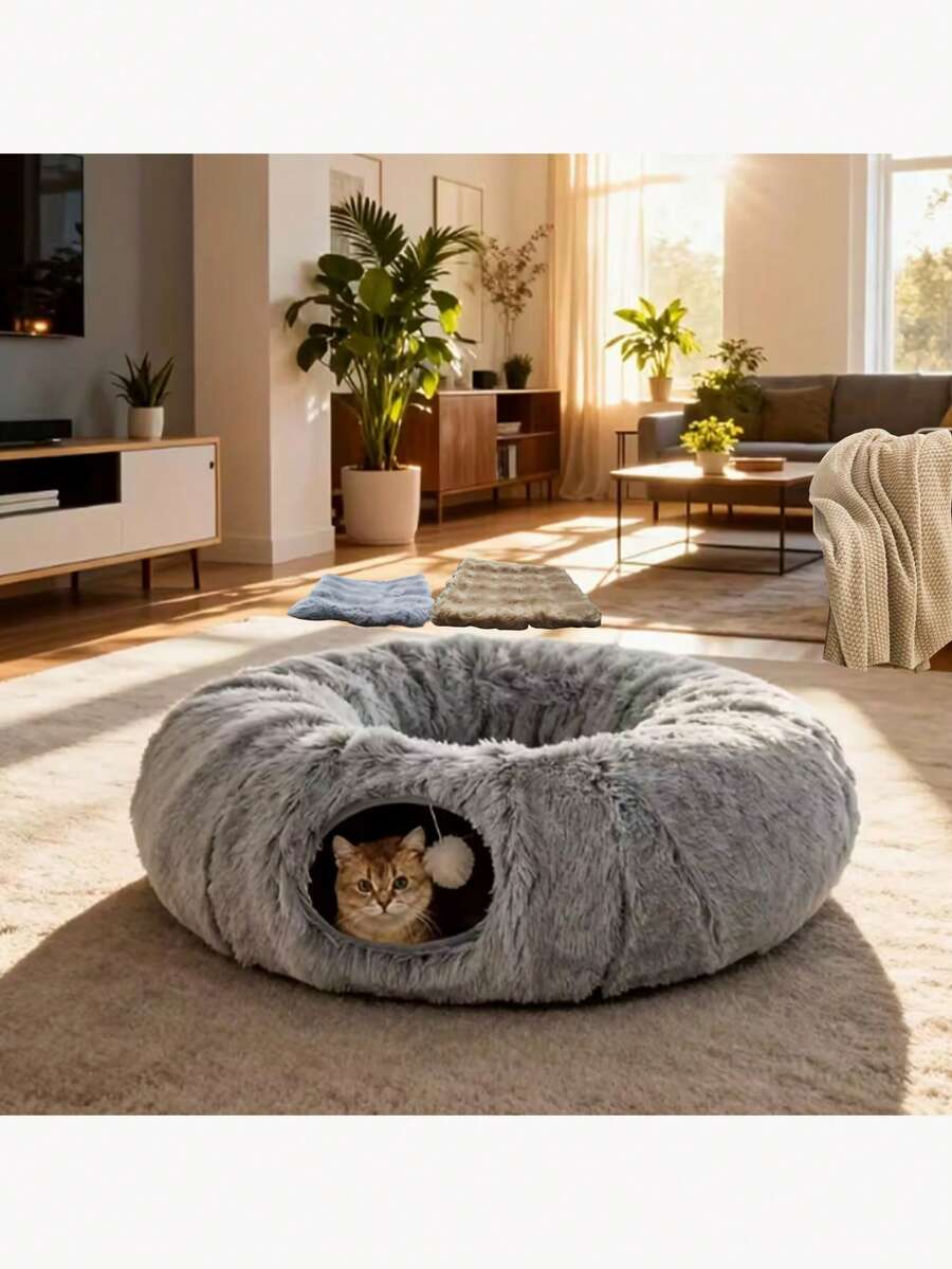 Cat Bed Tunnel Plush Mat - Detachable Washable Soft Mattress, Connectable Cat Play Tunnel, Multi-Functional Cat House, Suitable For Indoor Cats And Puppies To Keep Playing